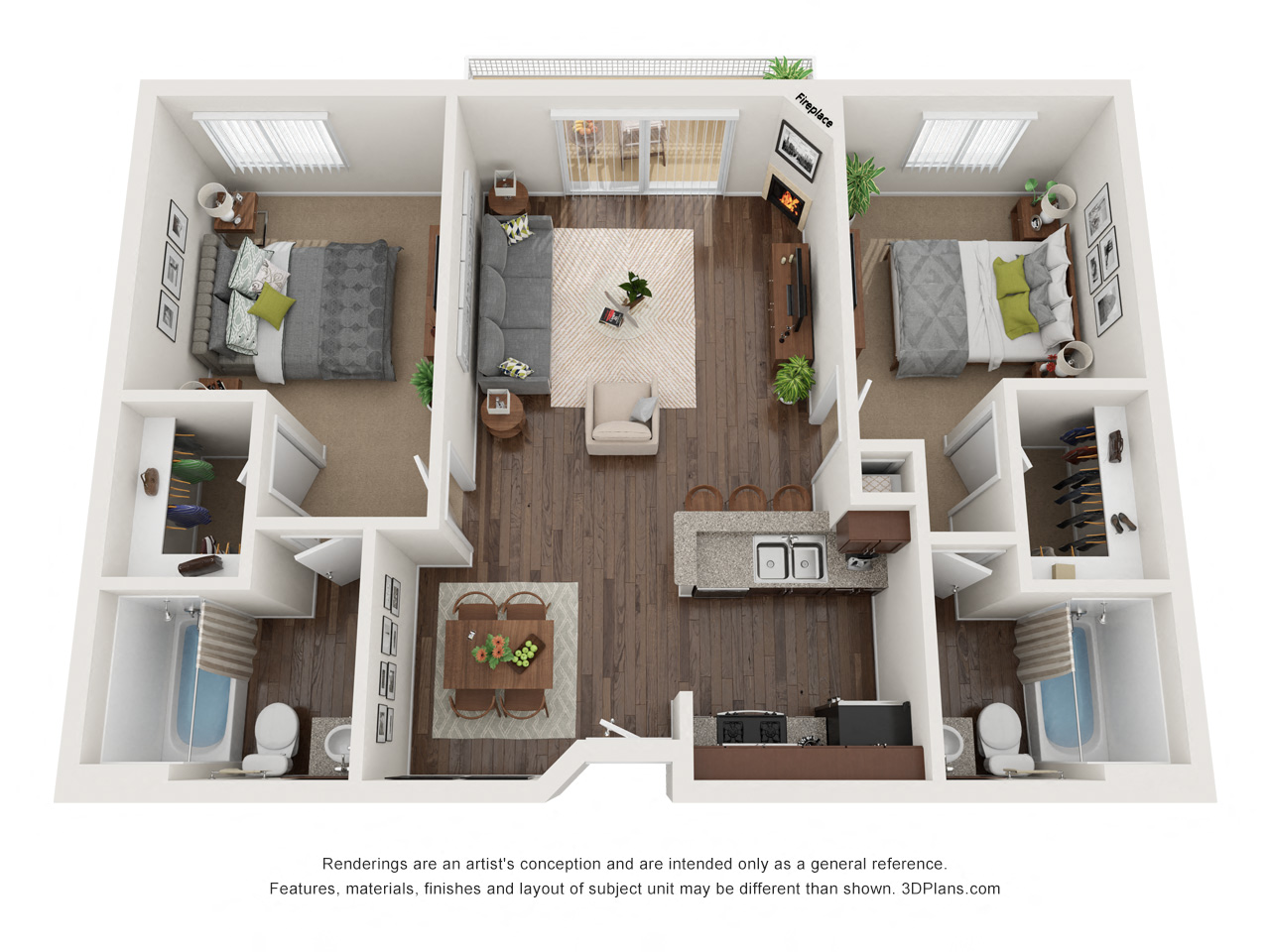 Floor plan for 2 beds, 2 baths, 865 sqft